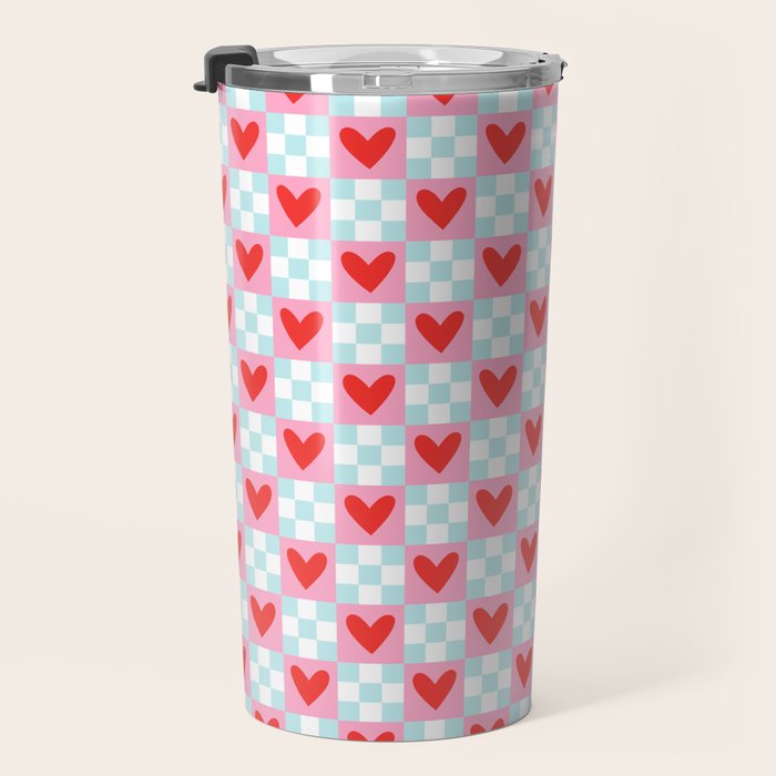 Red love heart checkered pattern Travel Mug Gallery Image 3