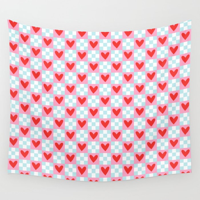 Red love heart checkered pattern Wall Tapestry Gallery Image 4