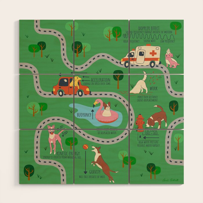 Fursics Cute Dog Park Physics Learning Pattern by Carrie Cantwell Educational STEM Playmat Design Wood Wall Art Gallery Image 1