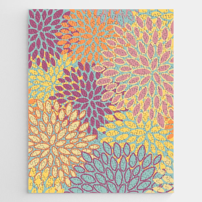 Festive, Floral Prints, Orange, Yellow, Teal and Pink Jigsaw Puzzle Gallery Image 1