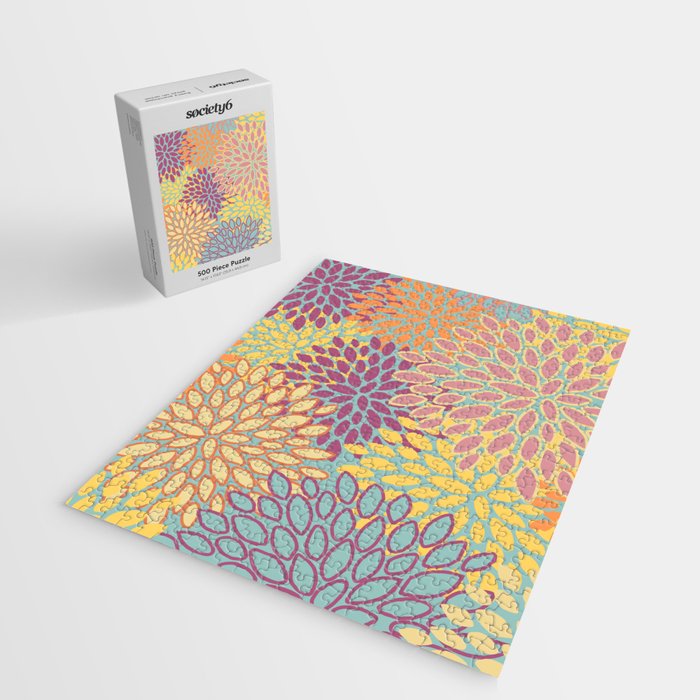 Festive, Floral Prints, Orange, Yellow, Teal and Pink Jigsaw Puzzle Gallery Image 2