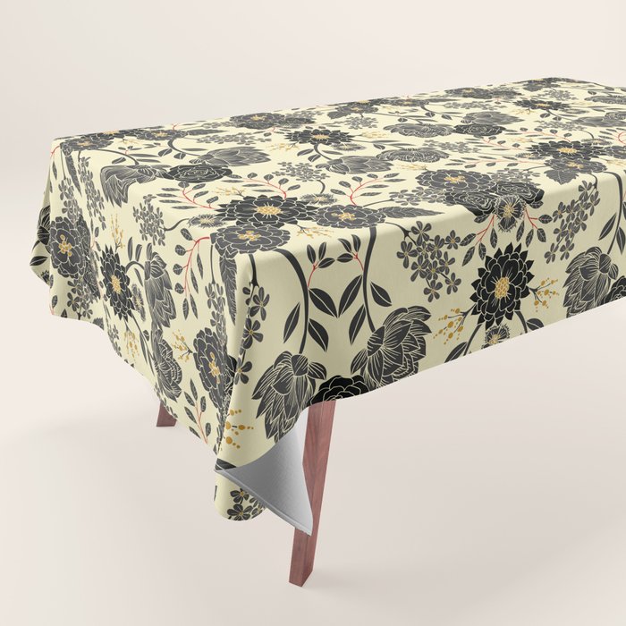 Gray, Black, Cream, Yellow & Red Sophisticated Floral Pattern Tablecloth Gallery Image 1