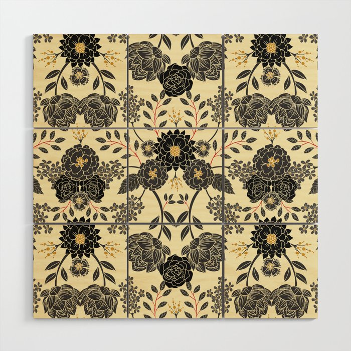 Gray, Black, Cream, Yellow & Red Sophisticated Floral Pattern Wood Wall Art Gallery Image 1
