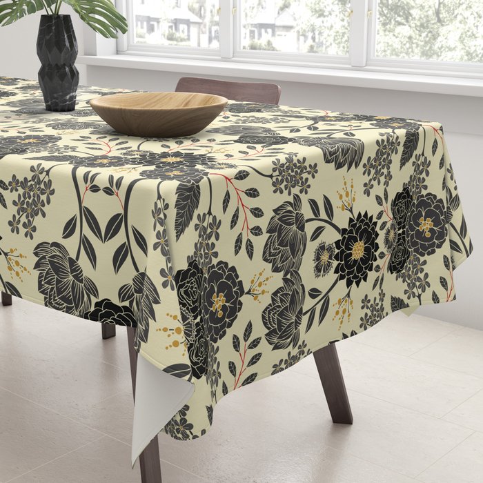 Gray, Black, Cream, Yellow & Red Sophisticated Floral Pattern Tablecloth Gallery Image 3