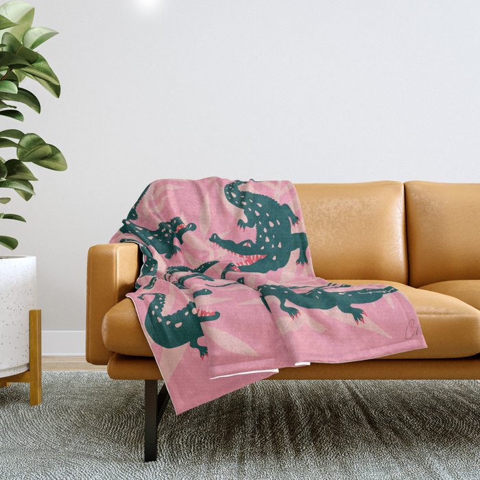 Alligator Collection - Pink & Teal Throw Blanket Gallery Image 1