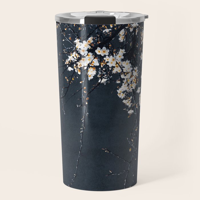 White Blossom Flowers on Blue Texture - Tree - Elegant Floral - Nature photography Travel Mug Gallery Image 1
