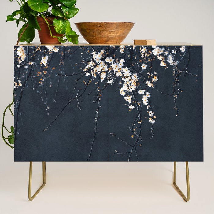 White Blossom Flowers on Blue Texture - Tree - Elegant Floral - Nature photography Credenza Gallery Image 1