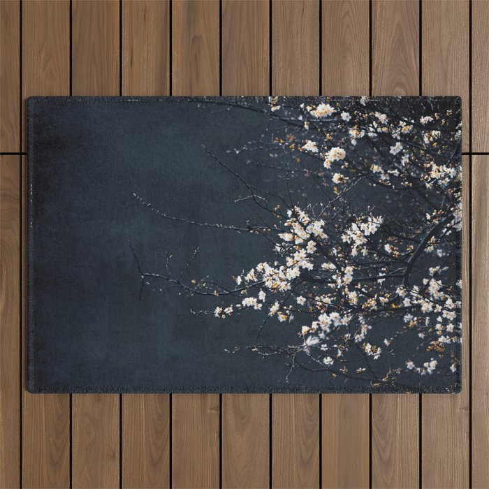 White Blossom Flowers on Blue Texture - Tree - Elegant Floral - Nature photography Outdoor Rug Gallery Image 1