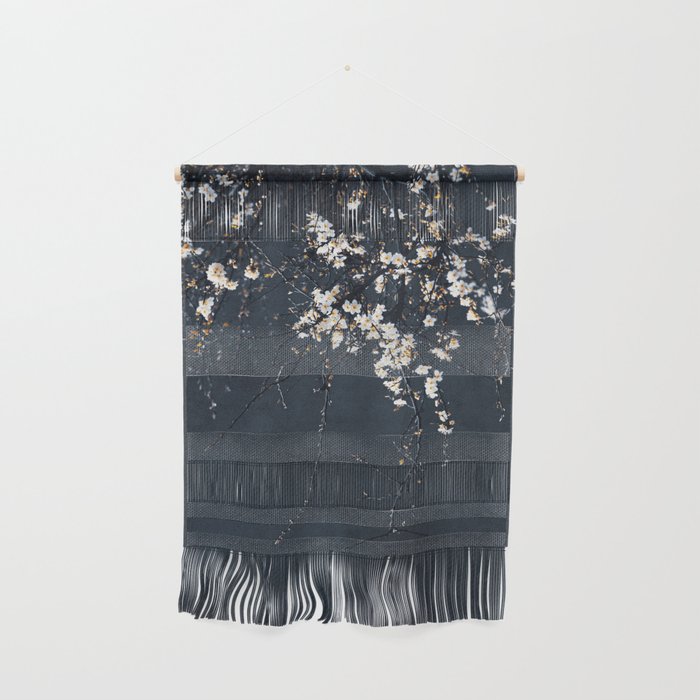 White Blossom Flowers on Blue Texture - Tree - Elegant Floral - Nature photography Wall Hanging Gallery Image 1