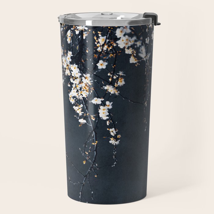 White Blossom Flowers on Blue Texture - Tree - Elegant Floral - Nature photography Travel Mug Gallery Image 2