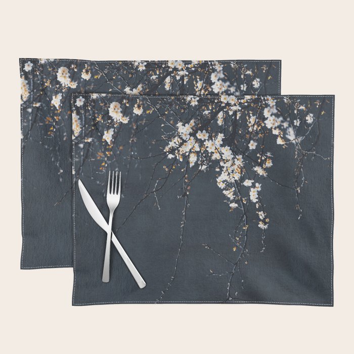 White Blossom Flowers on Blue Texture - Tree - Elegant Floral - Nature photography Placemat Gallery Image 1