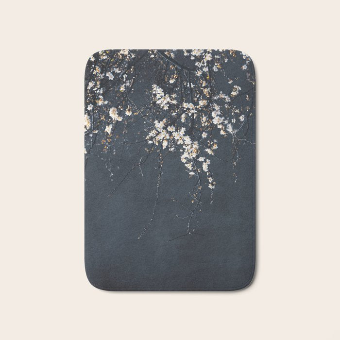 White Blossom Flowers on Blue Texture - Tree - Elegant Floral - Nature photography Bath Mat Gallery Image 1