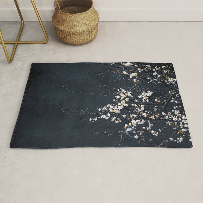 White Blossom Flowers on Blue Texture - Tree - Elegant Floral - Nature photography Rug Gallery Image 1