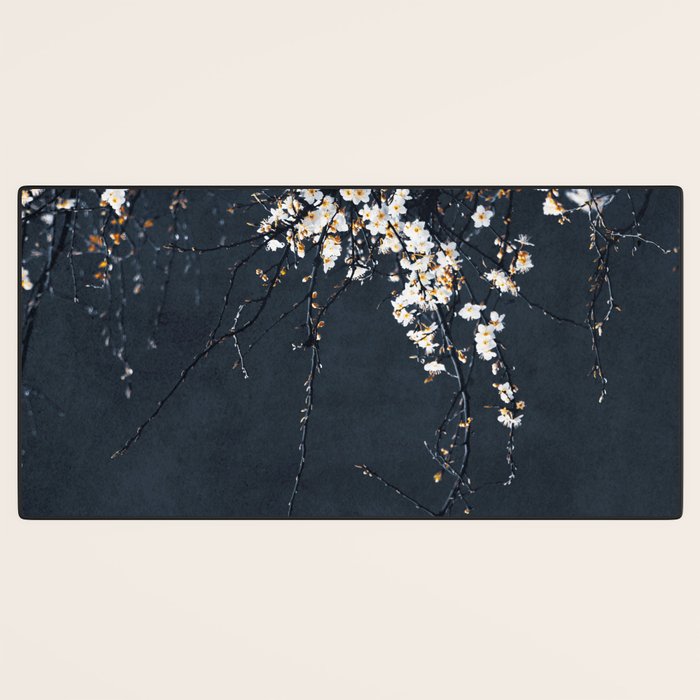 White Blossom Flowers on Blue Texture - Tree - Elegant Floral - Nature photography Desk Mat Gallery Image 3