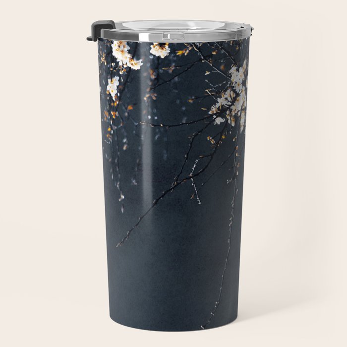 White Blossom Flowers on Blue Texture - Tree - Elegant Floral - Nature photography Travel Mug Gallery Image 3