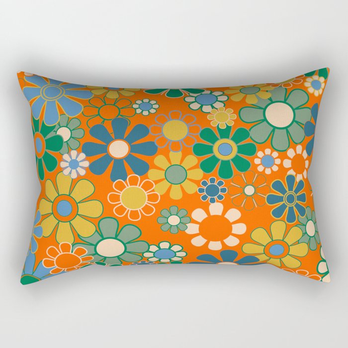 Groovy Floral Garden Orange Blue Green Mustard Yellow 60s 70s Flower Pattern Rectangular Pillow Gallery Image 2