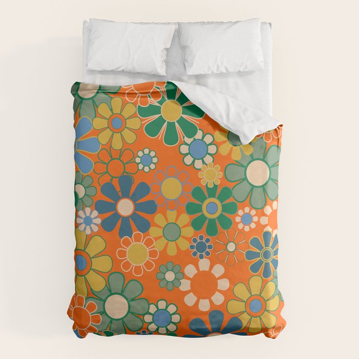 Groovy Floral Garden Orange Blue Green Mustard Yellow 60s 70s Flower Pattern Duvet Cover Gallery Image 6