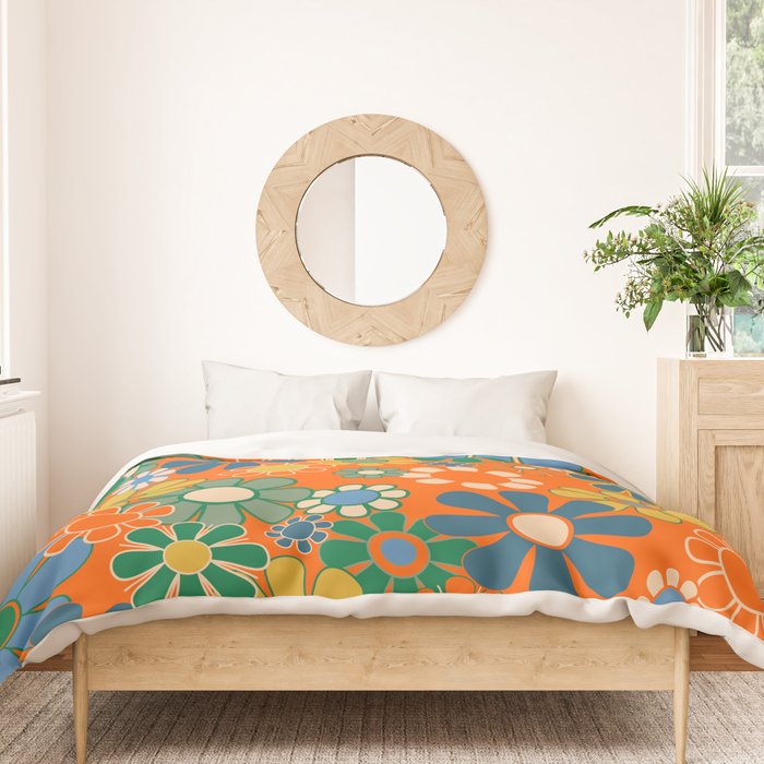 Groovy Floral Garden Orange Blue Green Mustard Yellow 60s 70s Flower Pattern Duvet Cover Gallery Image 3