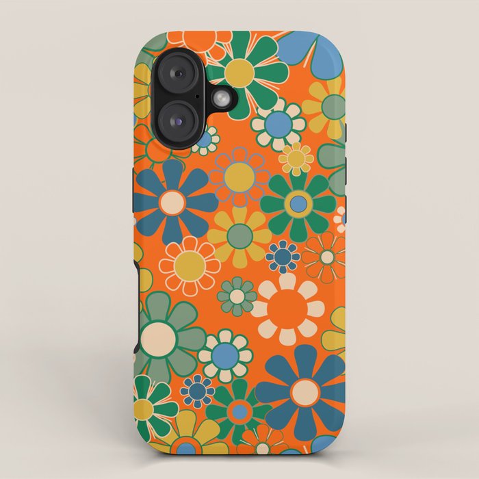 Groovy Floral Garden Orange Blue Green Mustard Yellow 60s 70s Flower Pattern iPhone Case Gallery Image 1