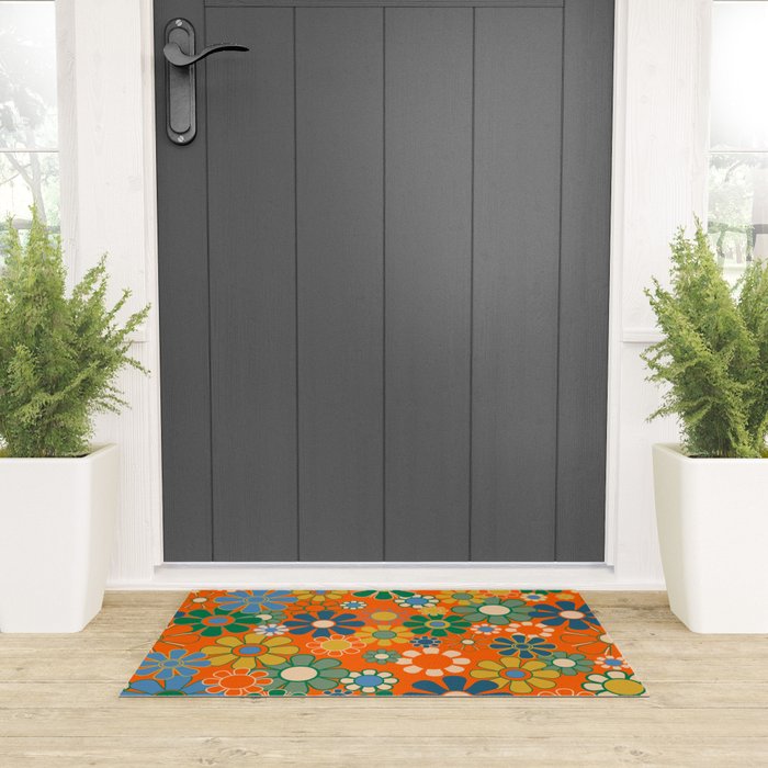 Groovy Floral Garden Orange Blue Green Mustard Yellow 60s 70s Flower Pattern Welcome Mat Gallery Image 3