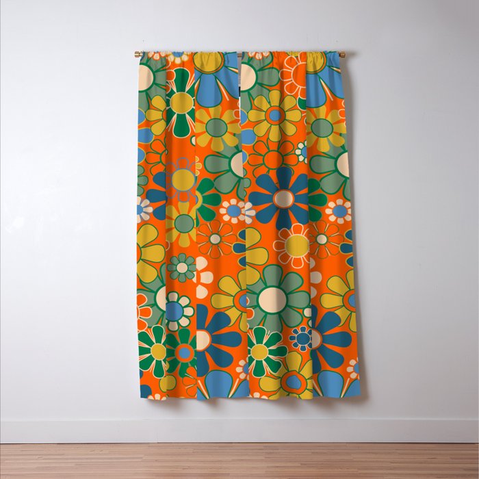 Groovy Floral Garden Orange Blue Green Mustard Yellow 60s 70s Flower Pattern Window Curtain Gallery Image 3