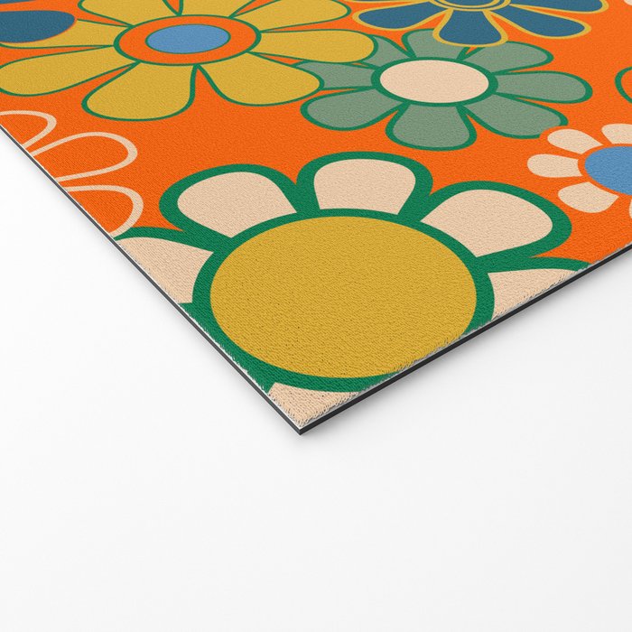 Groovy Floral Garden Orange Blue Green Mustard Yellow 60s 70s Flower Pattern Welcome Mat Gallery Image 2