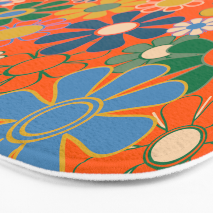 Groovy Floral Garden Orange Blue Green Mustard Yellow 60s 70s Flower Pattern Bath Mat Gallery Image 3