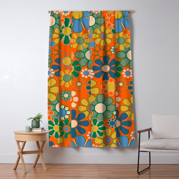 Groovy Floral Garden Orange Blue Green Mustard Yellow 60s 70s Flower Pattern Window Curtain Gallery Image 5