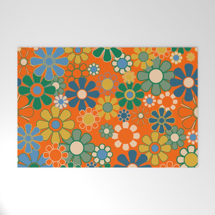 Groovy Floral Garden Orange Blue Green Mustard Yellow 60s 70s Flower Pattern Welcome Mat Gallery Image 1