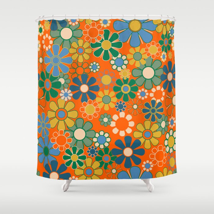Groovy Floral Garden Orange Blue Green Mustard Yellow 60s 70s Flower Pattern Shower Curtain Gallery Image 1