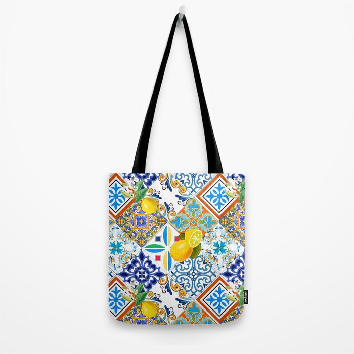 Tiles,mosaic,azulejo,quilt,Portuguese,majolica,lemons,citrus. Tote Bag Gallery Image 2