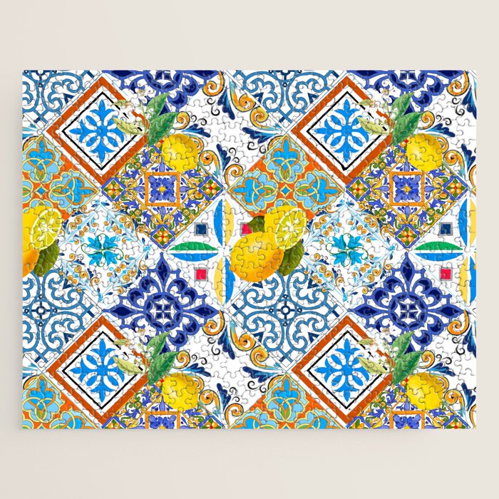 Tiles,mosaic,azulejo,quilt,Portuguese,majolica,lemons,citrus. Jigsaw Puzzle Gallery Image 1