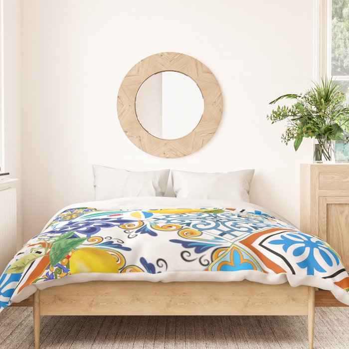Tiles,mosaic,azulejo,quilt,Portuguese,majolica,lemons,citrus. Duvet Cover Gallery Image 3
