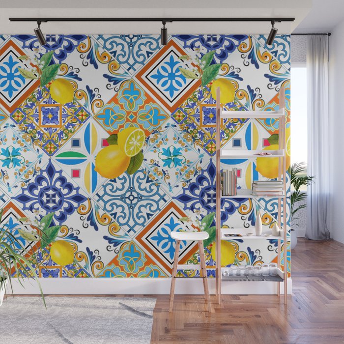 Tiles,mosaic,azulejo,quilt,Portuguese,majolica,lemons,citrus. Wall Mural Gallery Image 1