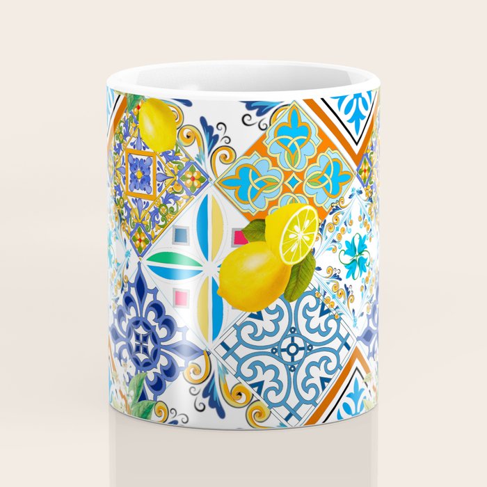 Tiles,mosaic,azulejo,quilt,Portuguese,majolica,lemons,citrus. Coffee Mug Gallery Image 4