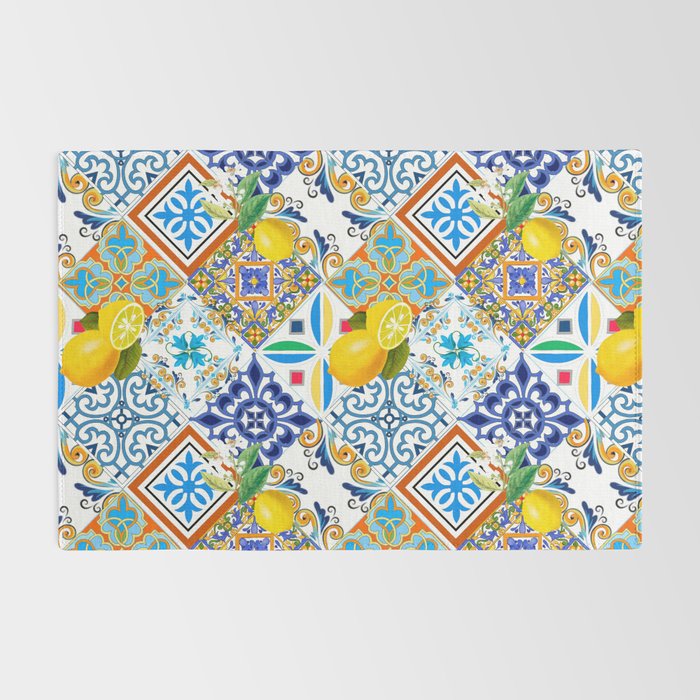 Tiles,mosaic,azulejo,quilt,Portuguese,majolica,lemons,citrus. Rug Gallery Image 2