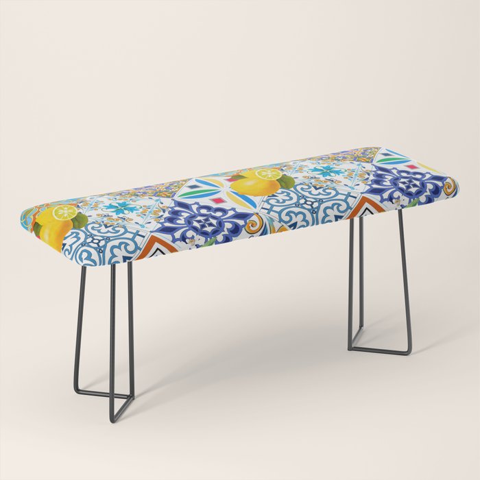 Tiles,mosaic,azulejo,quilt,Portuguese,majolica,lemons,citrus. Bench Gallery Image 1