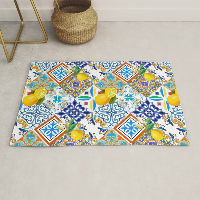 Tiles,mosaic,azulejo,quilt,Portuguese,majolica,lemons,citrus. Rug Gallery Image 1