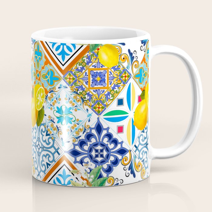 Tiles,mosaic,azulejo,quilt,Portuguese,majolica,lemons,citrus. Coffee Mug Gallery Image 1