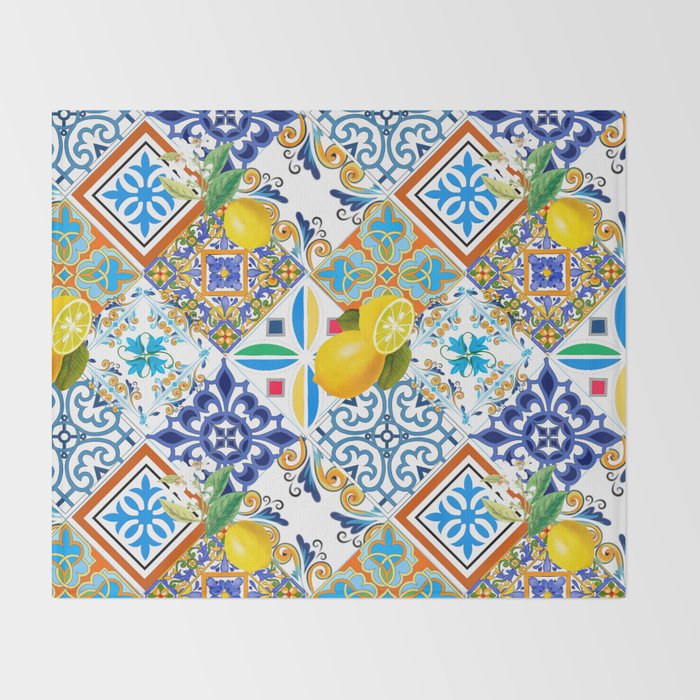 Tiles,mosaic,azulejo,quilt,Portuguese,majolica,lemons,citrus. Throw Blanket Gallery Image 2