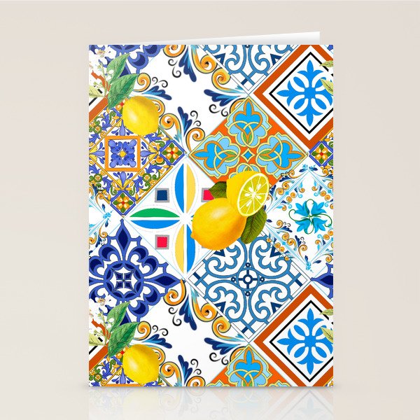 Tiles,mosaic,azulejo,quilt,Portuguese,majolica,lemons,citrus. Stationery Card Gallery Image 2