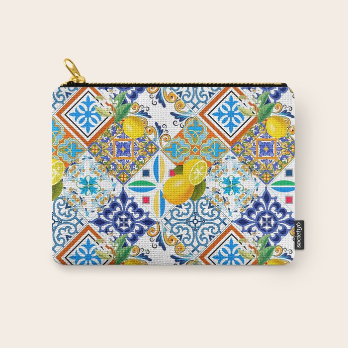 Tiles,mosaic,azulejo,quilt,Portuguese,majolica,lemons,citrus. Carry All Pouch Gallery Image 1