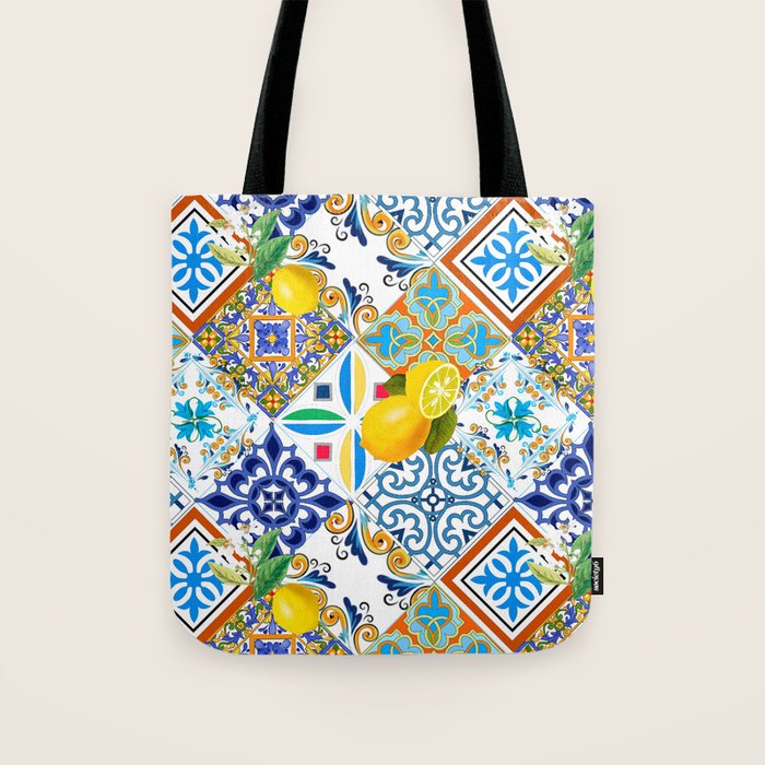 Tiles,mosaic,azulejo,quilt,Portuguese,majolica,lemons,citrus. Tote Bag Gallery Image 1