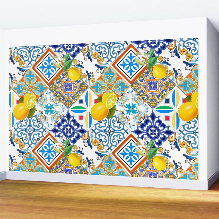 Tiles,mosaic,azulejo,quilt,Portuguese,majolica,lemons,citrus. Wall Mural Gallery Image 2
