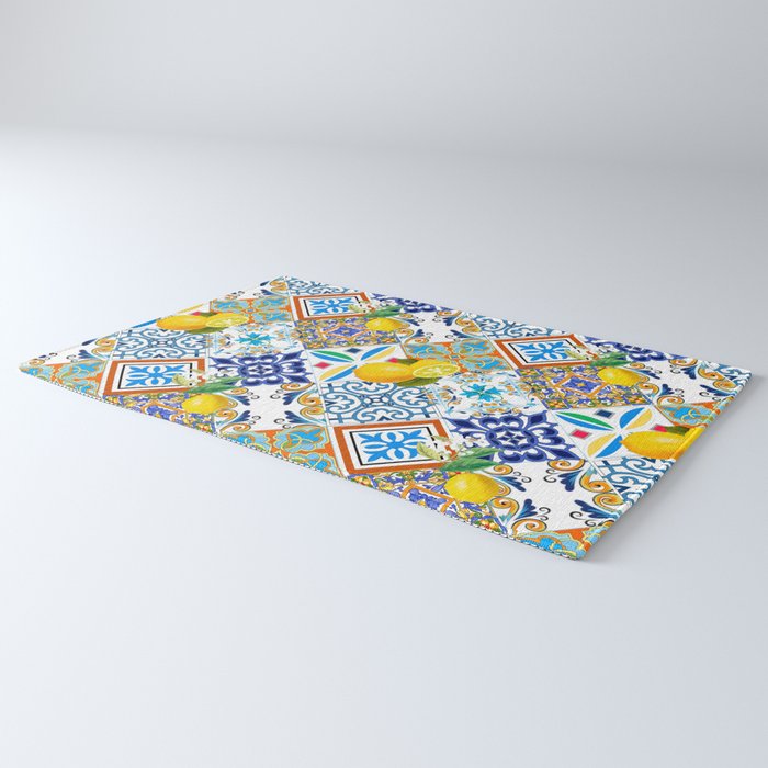 Tiles,mosaic,azulejo,quilt,Portuguese,majolica,lemons,citrus. Rug Gallery Image 3