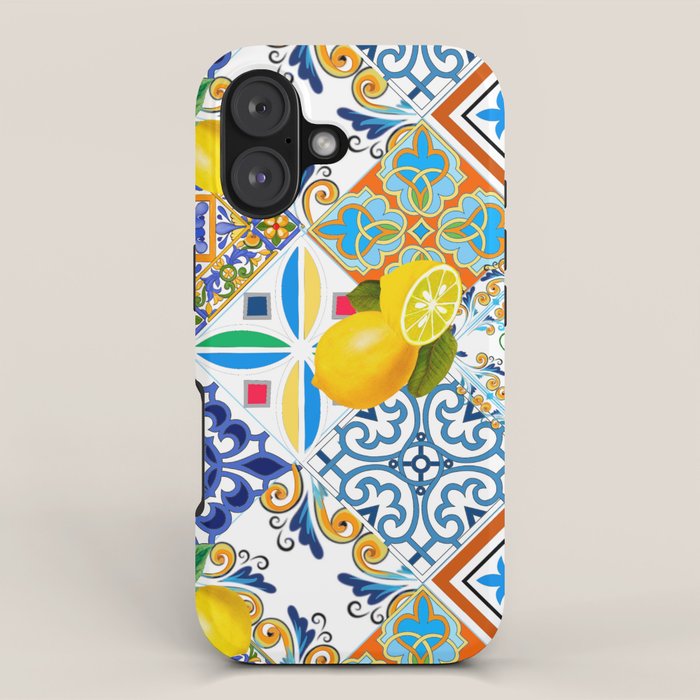 Tiles,mosaic,azulejo,quilt,Portuguese,majolica,lemons,citrus. iPhone Case Gallery Image 1