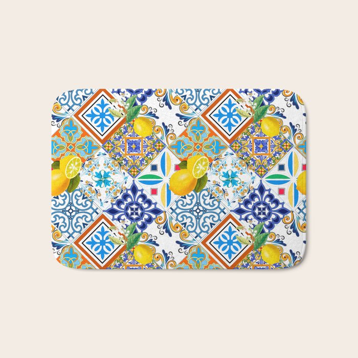 Tiles,mosaic,azulejo,quilt,Portuguese,majolica,lemons,citrus. Bath Mat Gallery Image 1