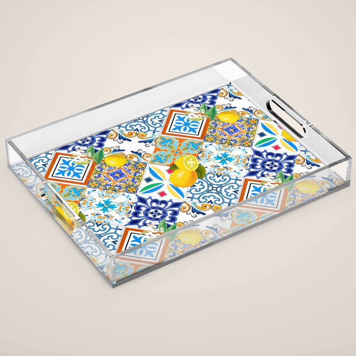 Tiles,mosaic,azulejo,quilt,Portuguese,majolica,lemons,citrus. Acrylic Tray Gallery Image 1