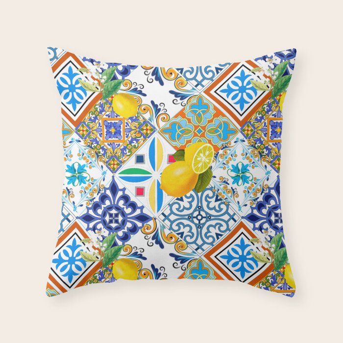 Tiles,mosaic,azulejo,quilt,Portuguese,majolica,lemons,citrus. Throw Pillow Gallery Image 6