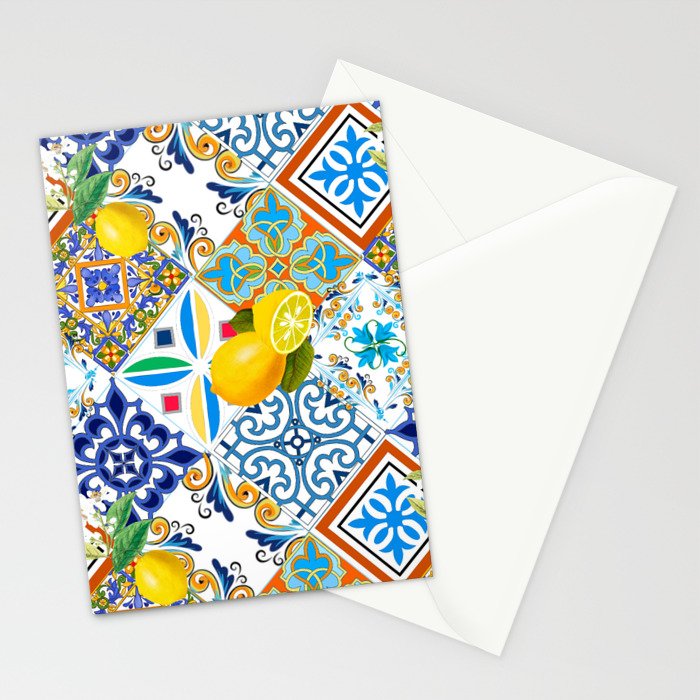 Tiles,mosaic,azulejo,quilt,Portuguese,majolica,lemons,citrus. Stationery Card Gallery Image 2